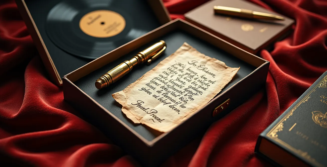 Coffret élégant ouvert révélant un manuscrit entouré d'objets vintage : plume dorée, disque vinyle et livre ancien, composition raffinée sur tissu velours