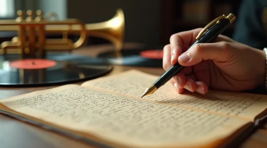 Une main tenant délicatement une plume vintage face à un manuscrit aux pages jaunies avec des annotations et dessins, sur un bureau d'époque avec trompette et vinyles jazz en arrière-plan
