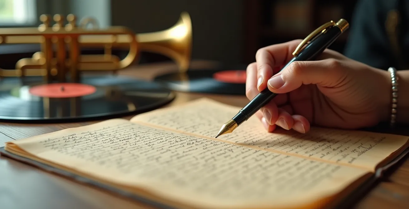 Une main tenant délicatement une plume vintage face à un manuscrit aux pages jaunies avec des annotations et dessins, sur un bureau d'époque avec trompette et vinyles jazz en arrière-plan